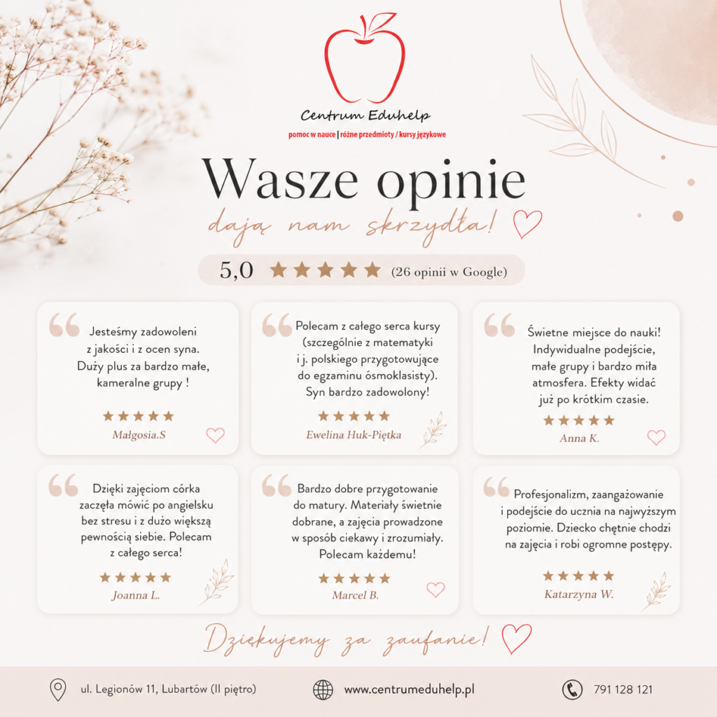 „Opinie kursantów o zajęciach w Centrum Eduhelp w Lubartowie – małe grupy, indywidualne podejście i przyjazna atmosfera.”